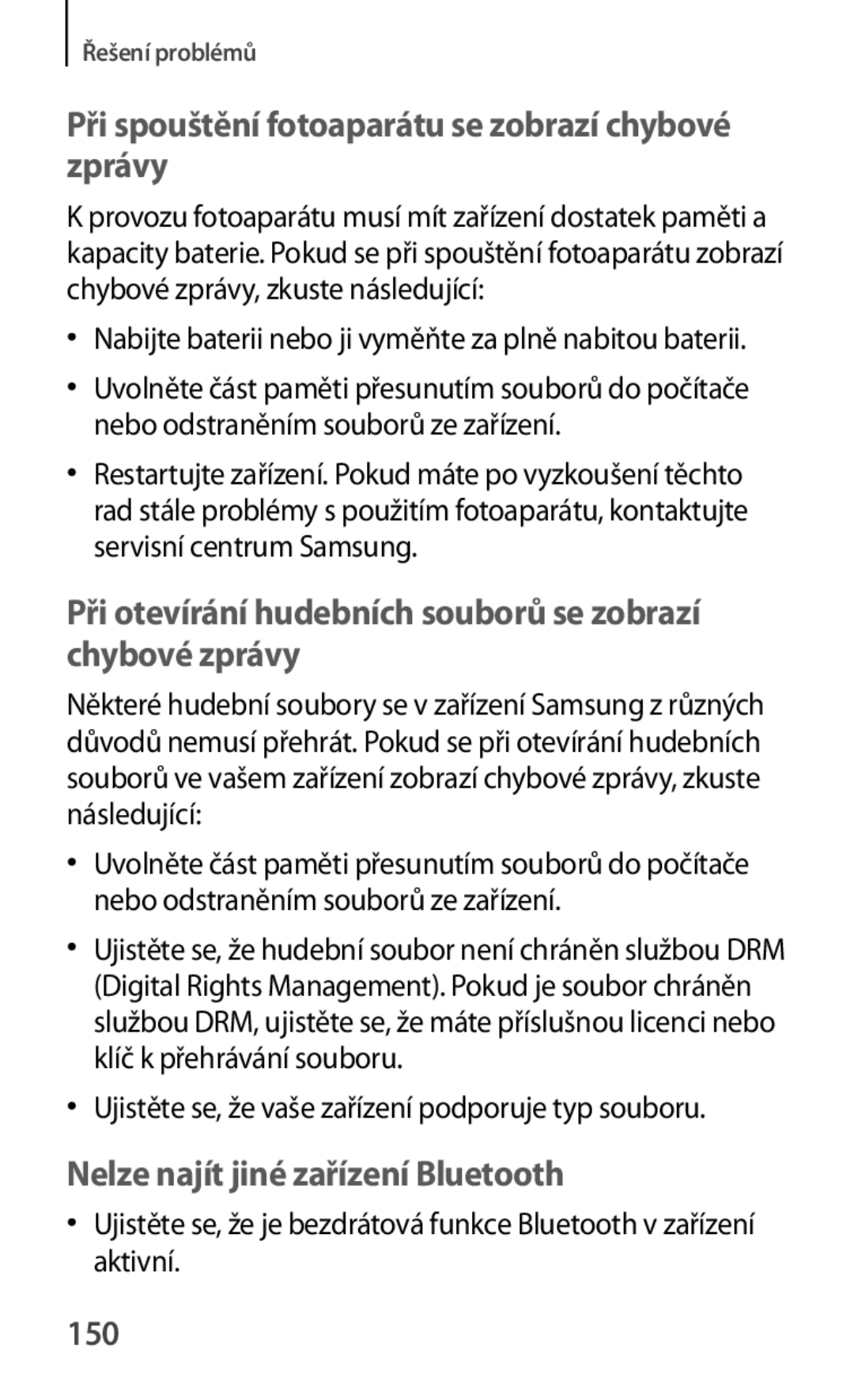 Samsung SM-T2110GNAORX, SM-T2110MKATPL, SM-T2110MKAATO manual Při spouštění fotoaparátu se zobrazí chybové zprávy, 150 