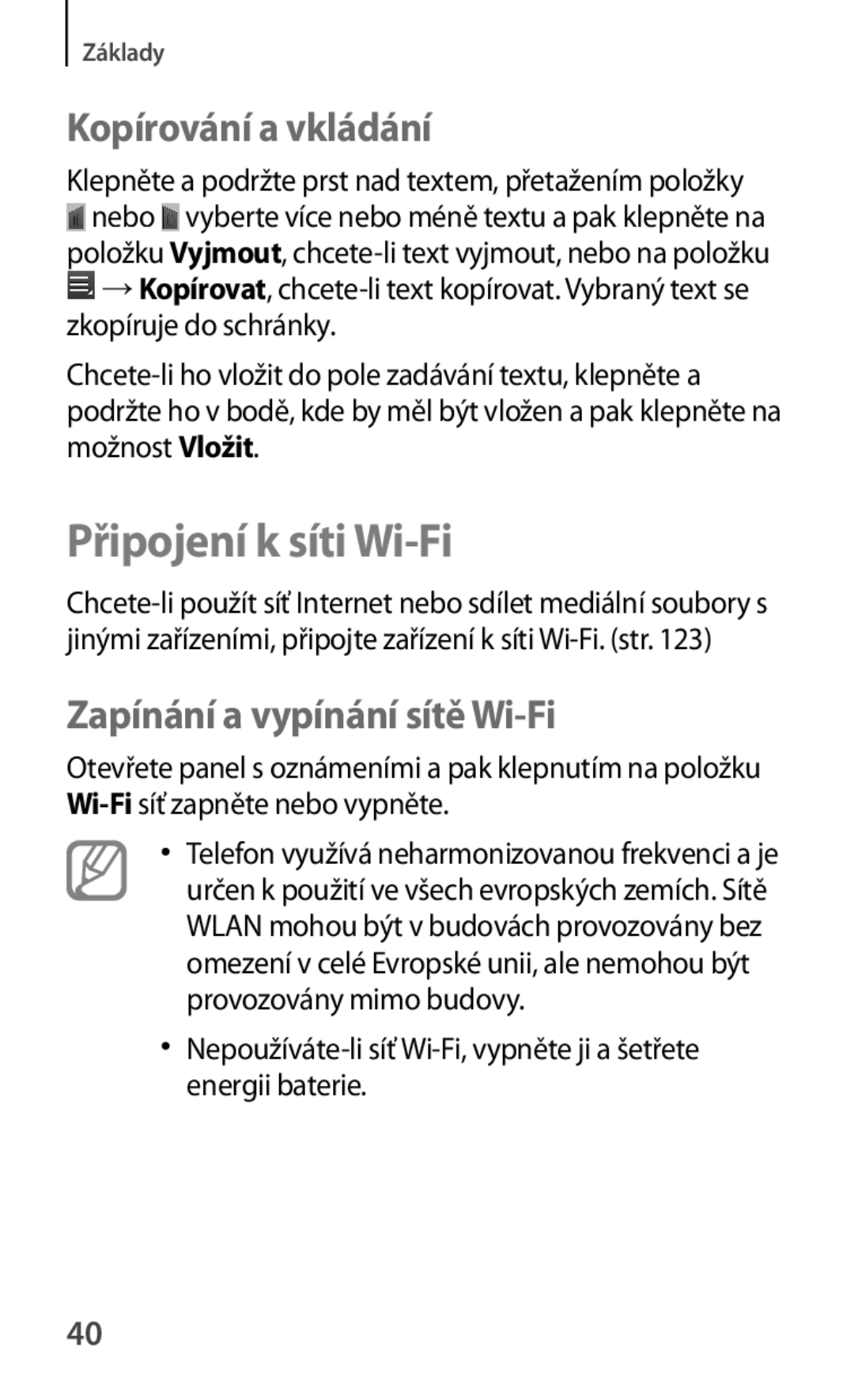 Samsung SM-T2110ZWAATO, SM-T2110MKATPL manual Připojení k síti Wi-Fi, Kopírování a vkládání, Zapínání a vypínání sítě Wi-Fi 