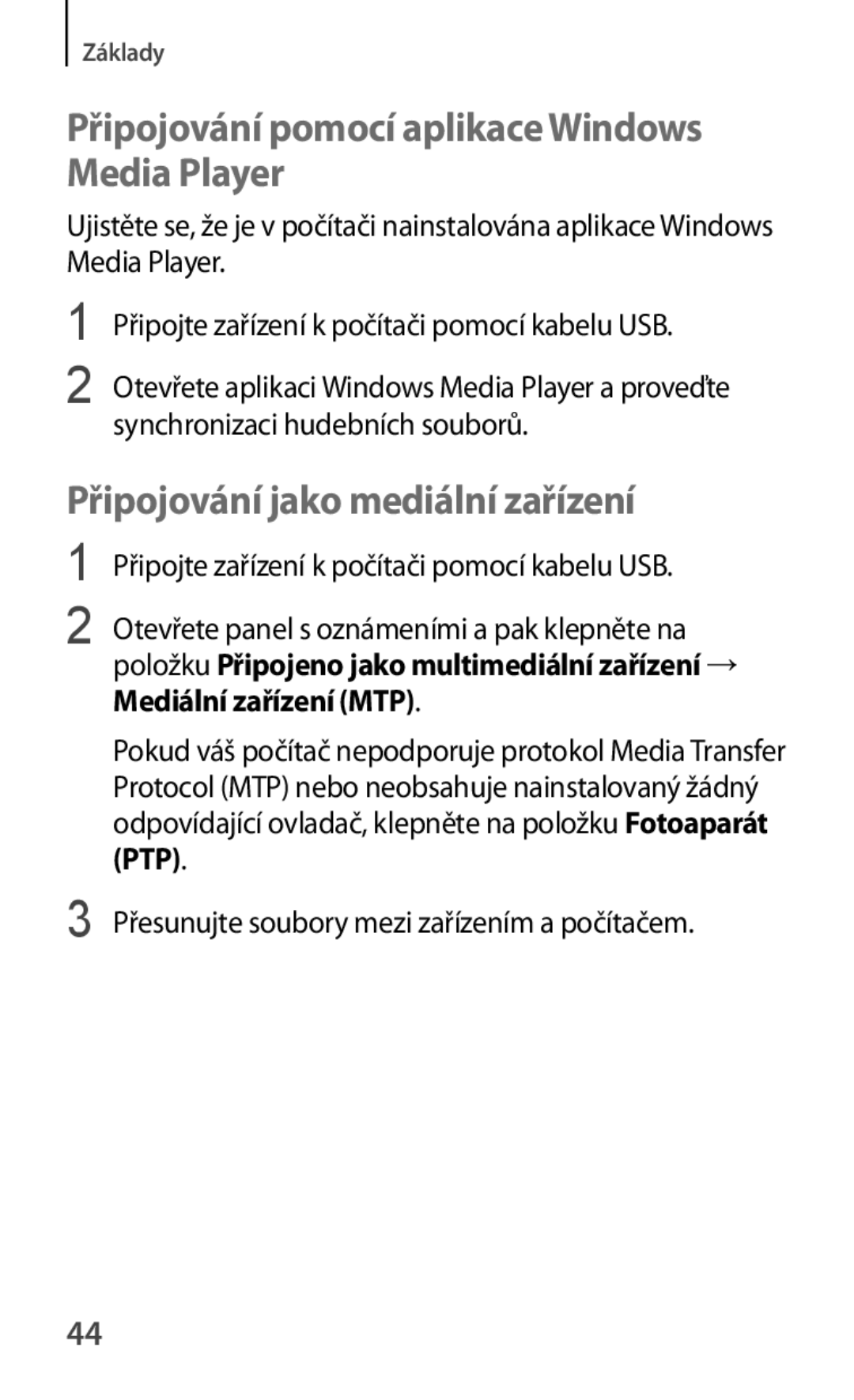 Samsung SM-T2110MKAXEO manual Připojování pomocí aplikace Windows Media Player, Připojování jako mediální zařízení 