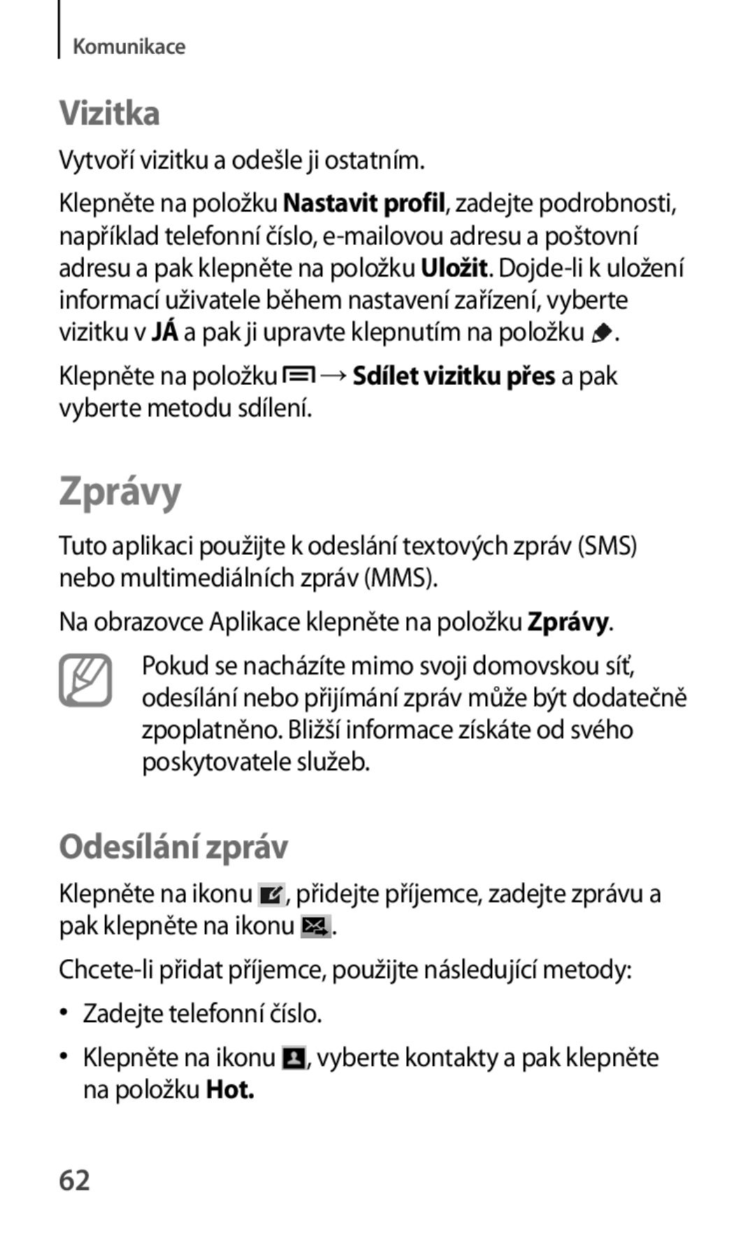 Samsung SM-T2110ZWAXEO, SM-T2110MKATPL manual Zprávy, Vizitka, Odesílání zpráv, Vytvoří vizitku a odešle ji ostatním 