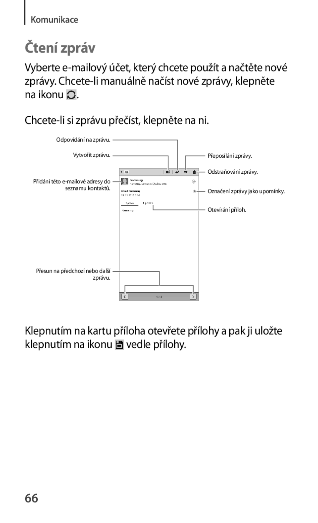 Samsung SM-T2110ZWETMS, SM-T2110MKATPL, SM-T2110MKAATO, SM-T2110ZWAATO, SM-T2110ZWATPL, SM-T2110GNAATO manual Čtení zpráv 