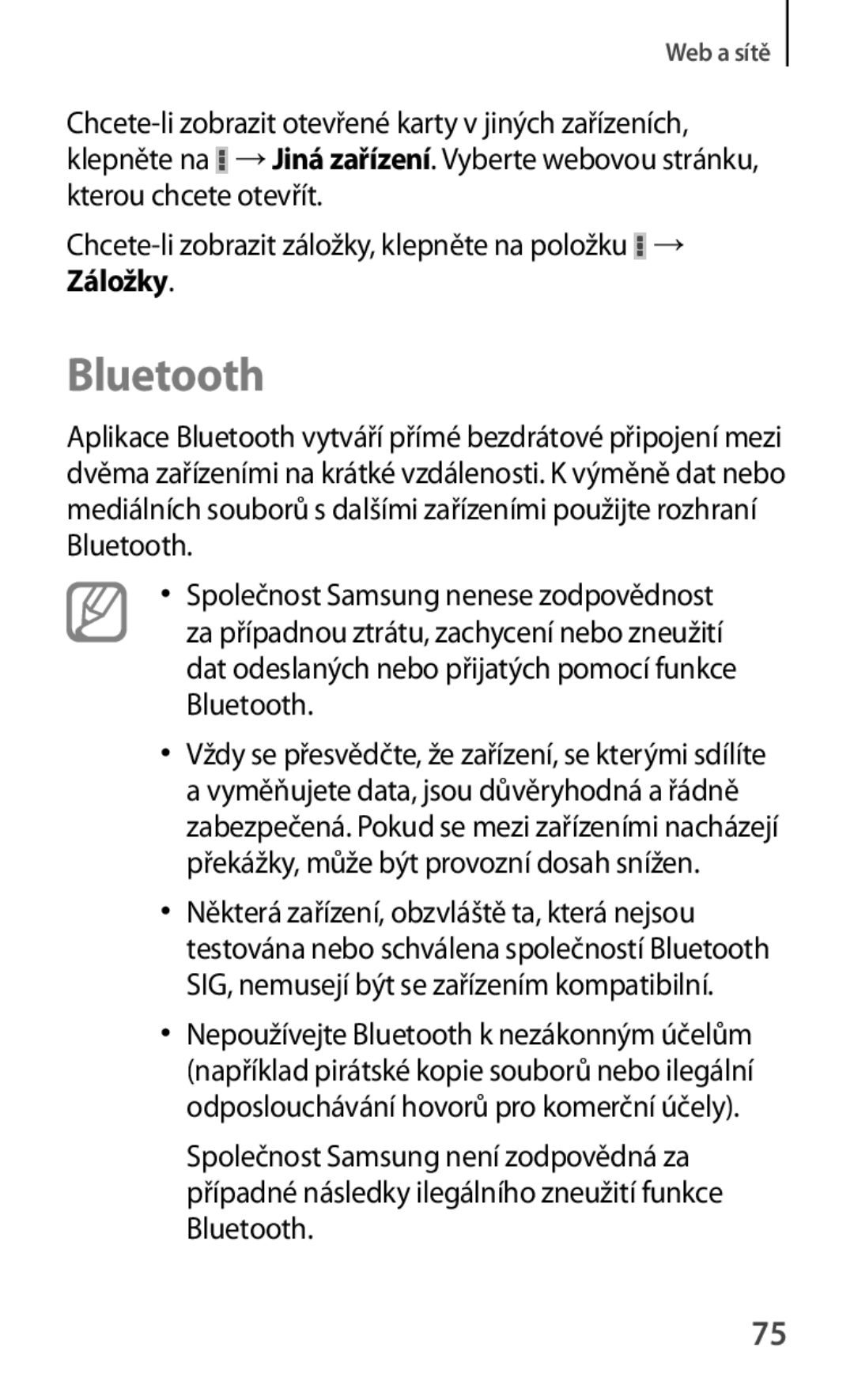 Samsung SM-T2110GRATPL, SM-T2110MKATPL, SM-T2110MKAATO, SM-T2110ZWAATO, SM-T2110ZWATPL, SM-T2110GNAATO manual Bluetooth, Záložky 