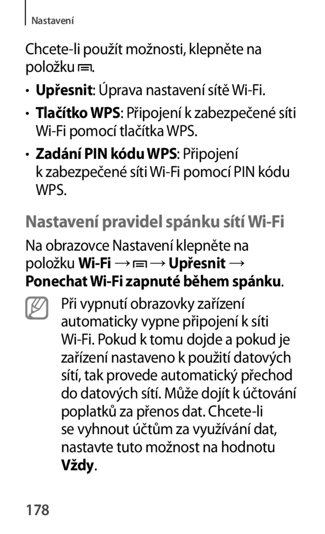 Samsung SM-T2110ZWABGL, SM-T2110MKATPL manual Zadání PIN kódu WPS Připojení, Ponechat Wi-Fi zapnuté během spánku, Vždy, 178 