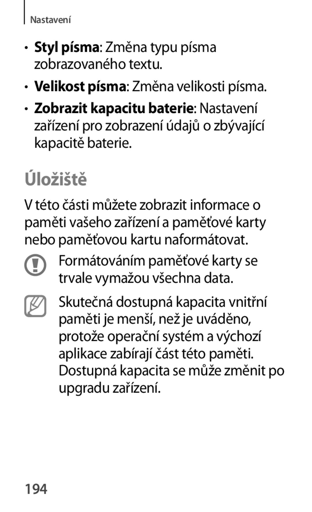 Samsung SM-T2110ZWAXEO, SM-T2110MKATPL, SM-T2110MKAATO, SM-T2110ZWAATO, SM-T2110ZWATPL, SM-T2110GNAATO manual Úložiště, 194 