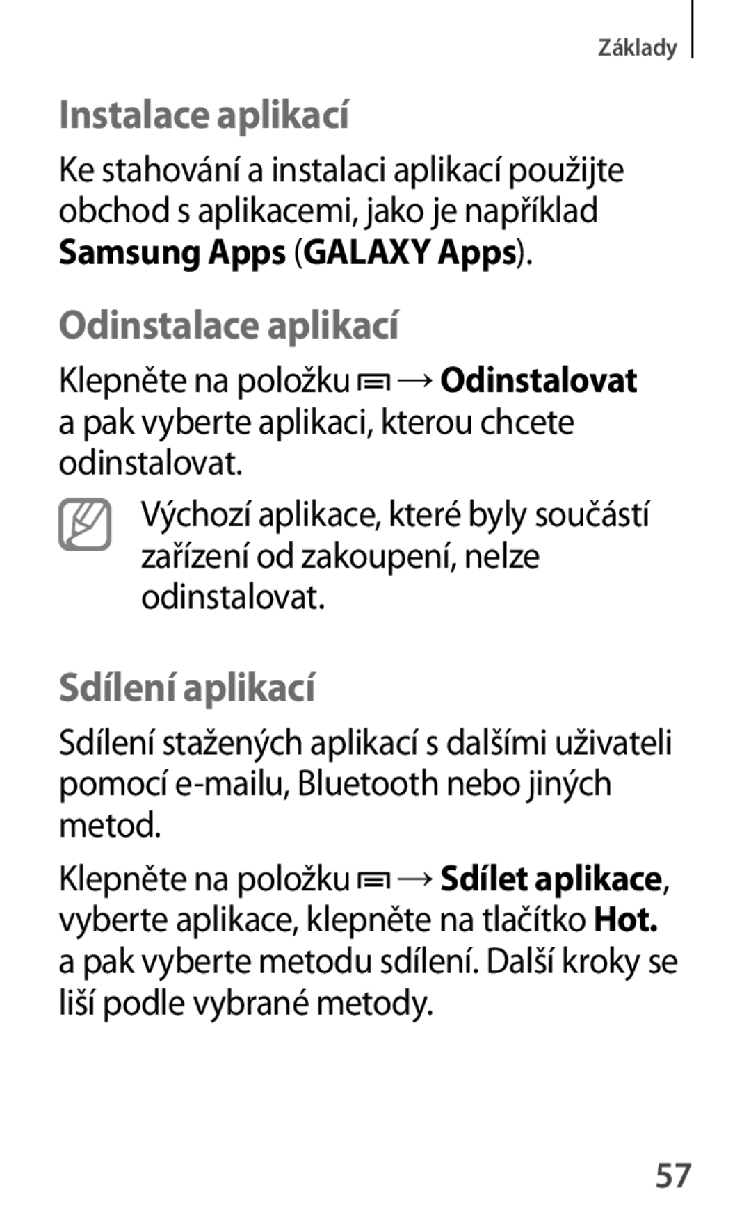 Samsung SM-T2110MKAATO, SM-T2110MKATPL, SM-T2110ZWAATO manual Instalace aplikací, Odinstalace aplikací, Sdílení aplikací 