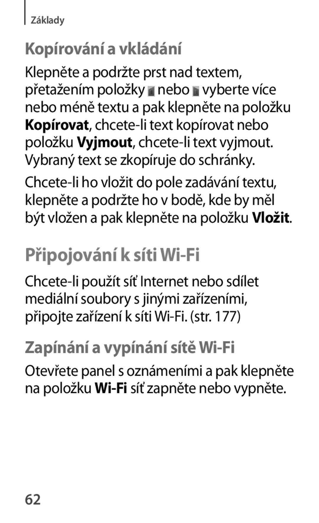 Samsung SM-T2110MKAXEO, SM-T2110MKATPL Připojování k síti Wi-Fi, Kopírování a vkládání, Zapínání a vypínání sítě Wi-Fi 