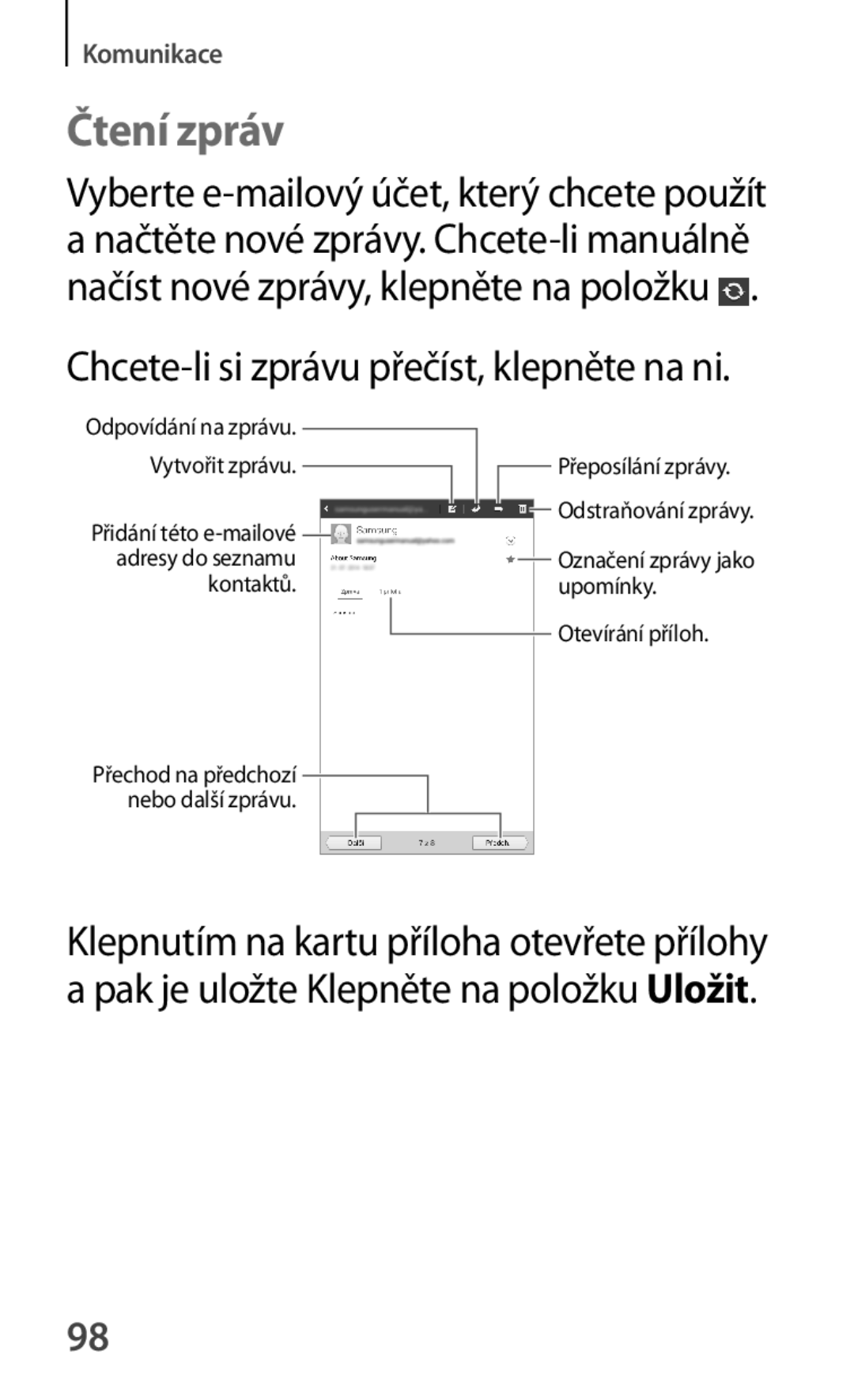 Samsung SM-T2110GNAATO, SM-T2110MKATPL, SM-T2110MKAATO manual Čtení zpráv, Chcete-li si zprávu přečíst, klepněte na ni 