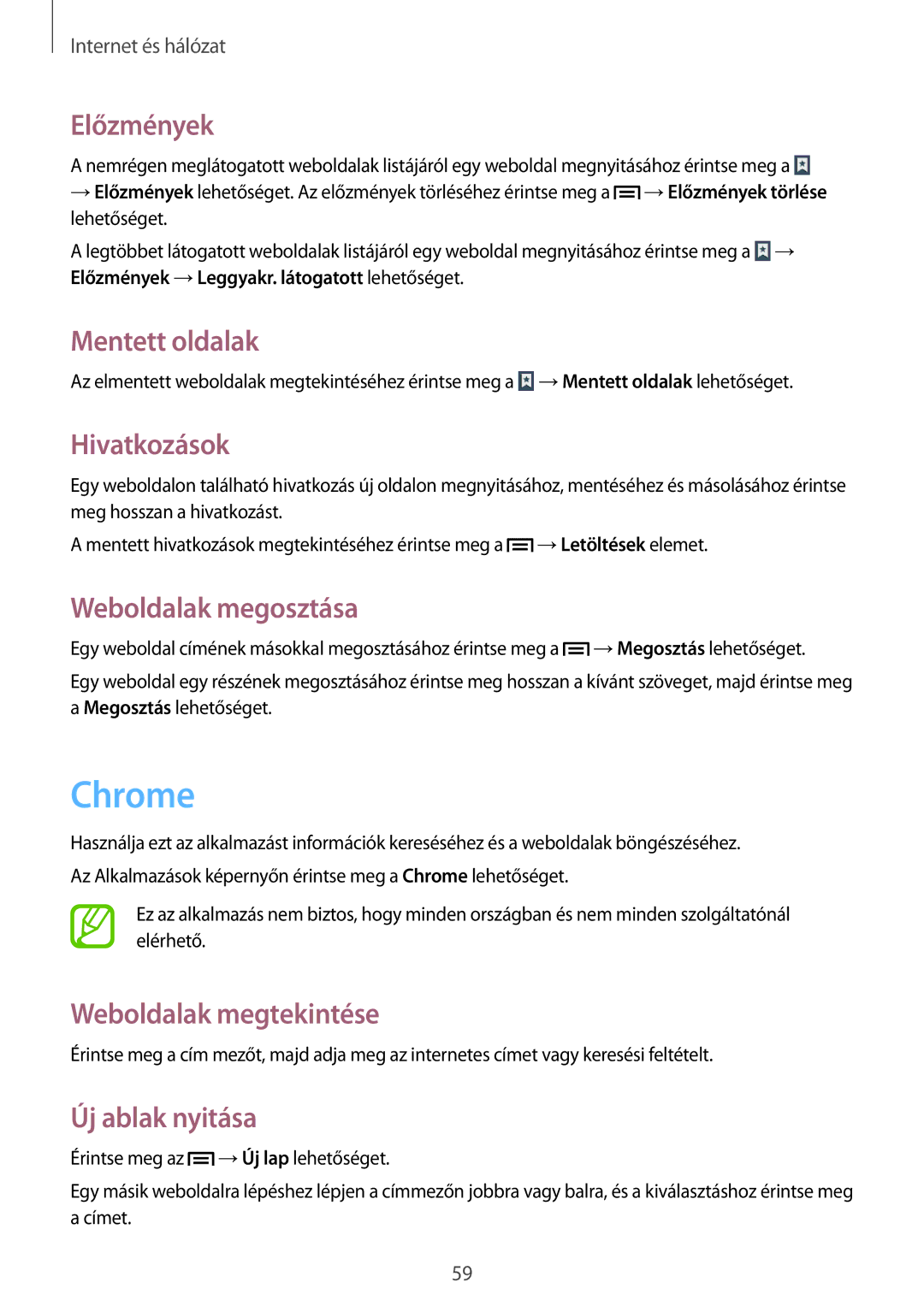 Samsung SM-T2110ZWATPL, SM-T2110MKATPL manual Chrome, Előzmények, Mentett oldalak, Hivatkozások, Weboldalak megosztása 