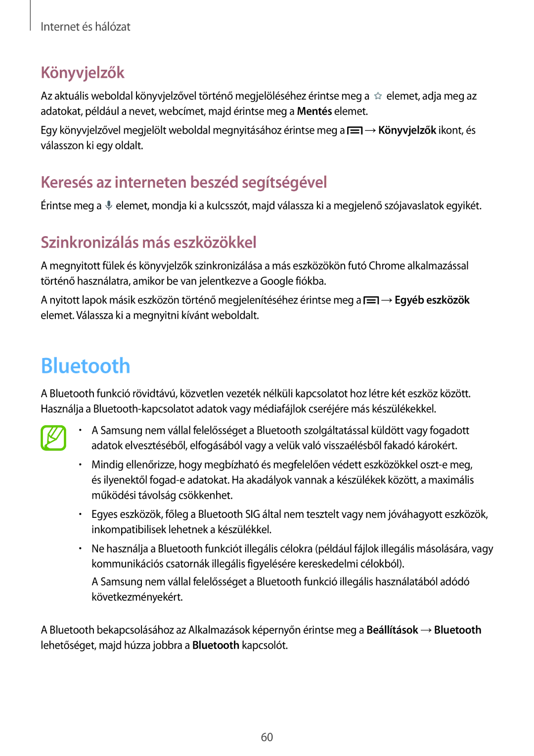 Samsung SM-T2110GNAATO, SM-T2110MKATPL, SM-T2110MKAATO, SM-T2110ZWADBT manual Bluetooth, Szinkronizálás más eszközökkel 