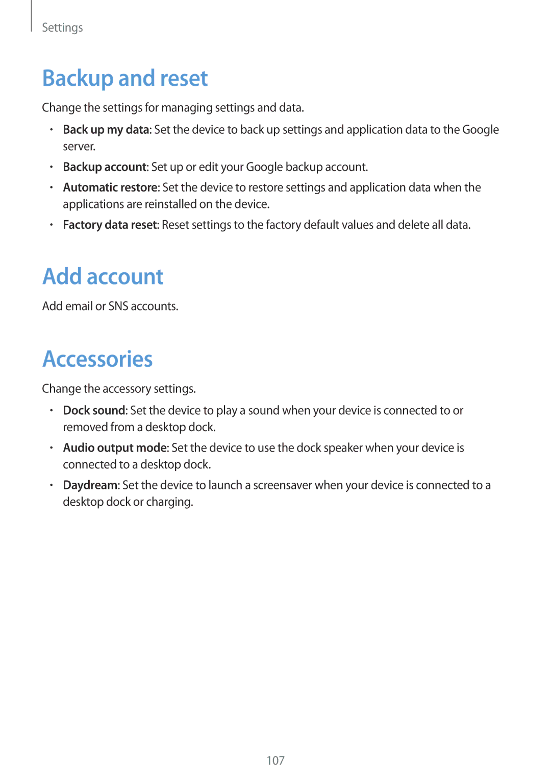 Samsung SM-T2110ZWEFTM, SM-T2110MKATPL, SM-T2110MKAATO, SM-T2110ZWADBT manual Backup and reset, Add account, Accessories 