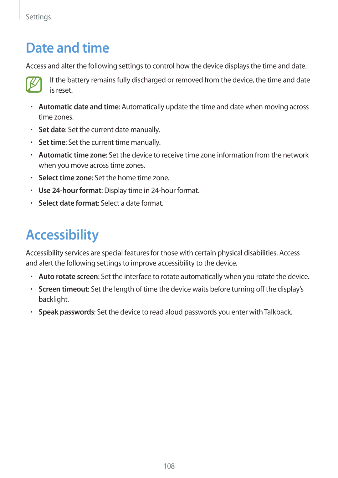 Samsung SM-T2110ZWAFTM, SM-T2110MKATPL, SM-T2110MKAATO, SM-T2110ZWADBT, SM-T2110MKATMN manual Date and time, Accessibility 