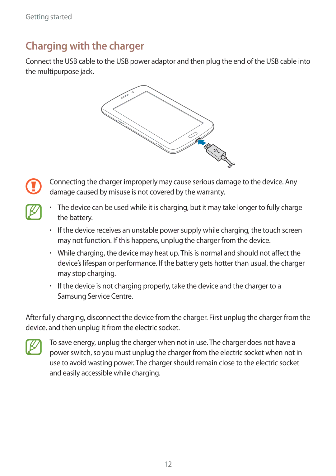 Samsung SM-T2110ZWAFTM, SM-T2110MKATPL, SM-T2110MKAATO, SM-T2110ZWADBT, SM-T2110MKATMN manual Charging with the charger 