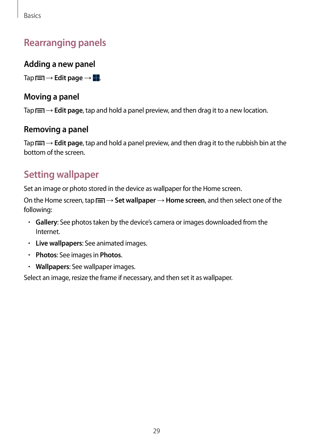 Samsung SM-T2110ZWAXEZ manual Rearranging panels, Setting wallpaper, Adding a new panel, Moving a panel, Removing a panel 