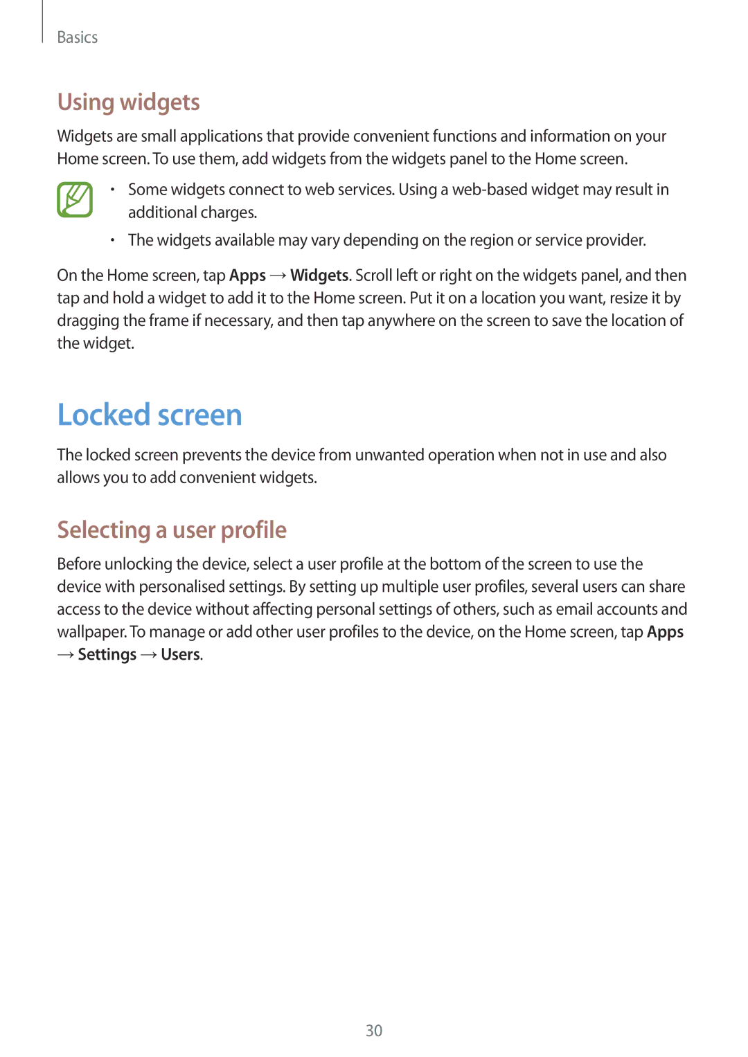 Samsung SM-T2110ZWEXSK, SM-T2110MKATPL manual Locked screen, Using widgets, Selecting a user profile, → Settings →Users 