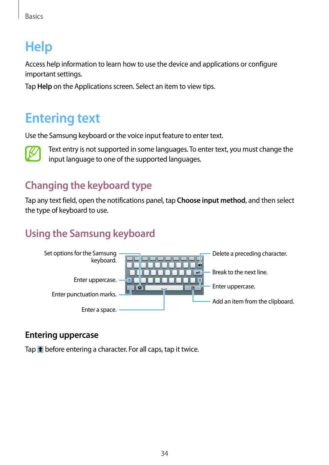 Samsung SM-T2110ZWASEB Help, Entering text, Changing the keyboard type, Using the Samsung keyboard, Entering uppercase 