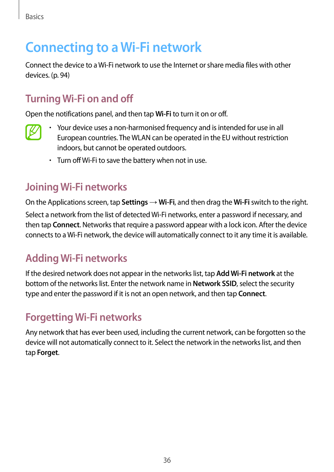 Samsung SM-T2110MKAEUR, SM-T2110MKATPL Connecting to a Wi-Fi network, Turning Wi-Fi on and off, Joining Wi-Fi networks 