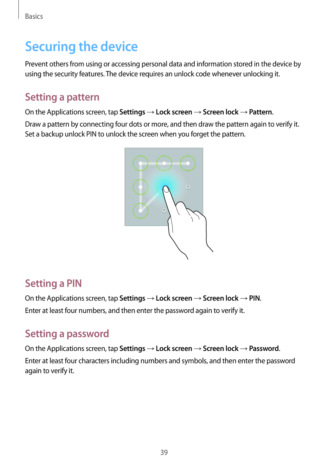 Samsung SM-T2110GNEMGF, SM-T2110MKATPL manual Securing the device, Setting a pattern, Setting a PIN, Setting a password 