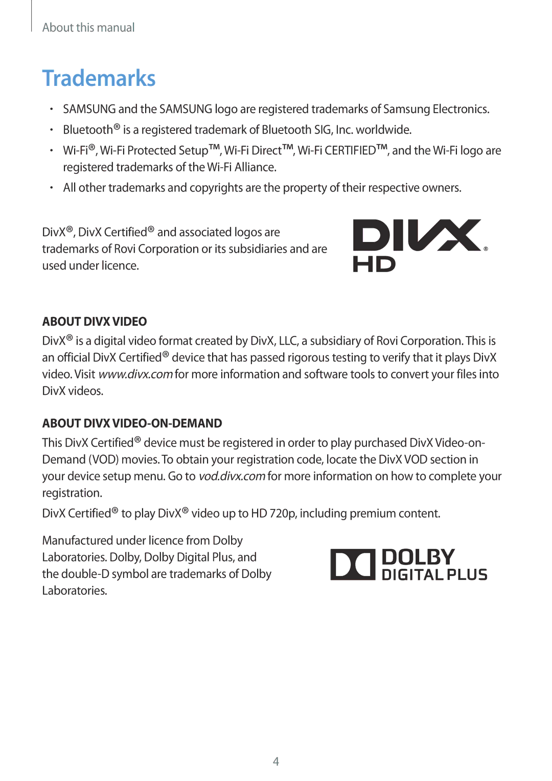 Samsung SM-T2110MKADBT, SM-T2110MKATPL, SM-T2110MKAATO manual Trademarks, About Divx Video About Divx VIDEO-ON-DEMAND 