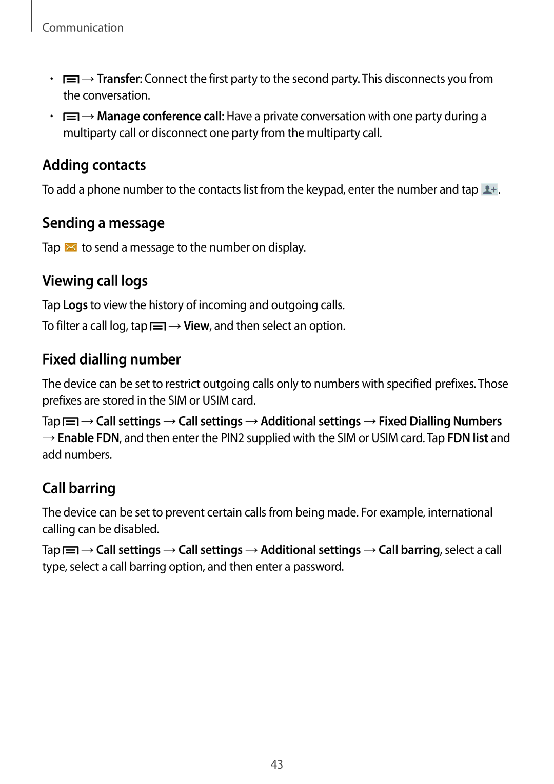 Samsung SM-T2110GRAMGF manual Adding contacts, Sending a message, Viewing call logs, Fixed dialling number, Call barring 