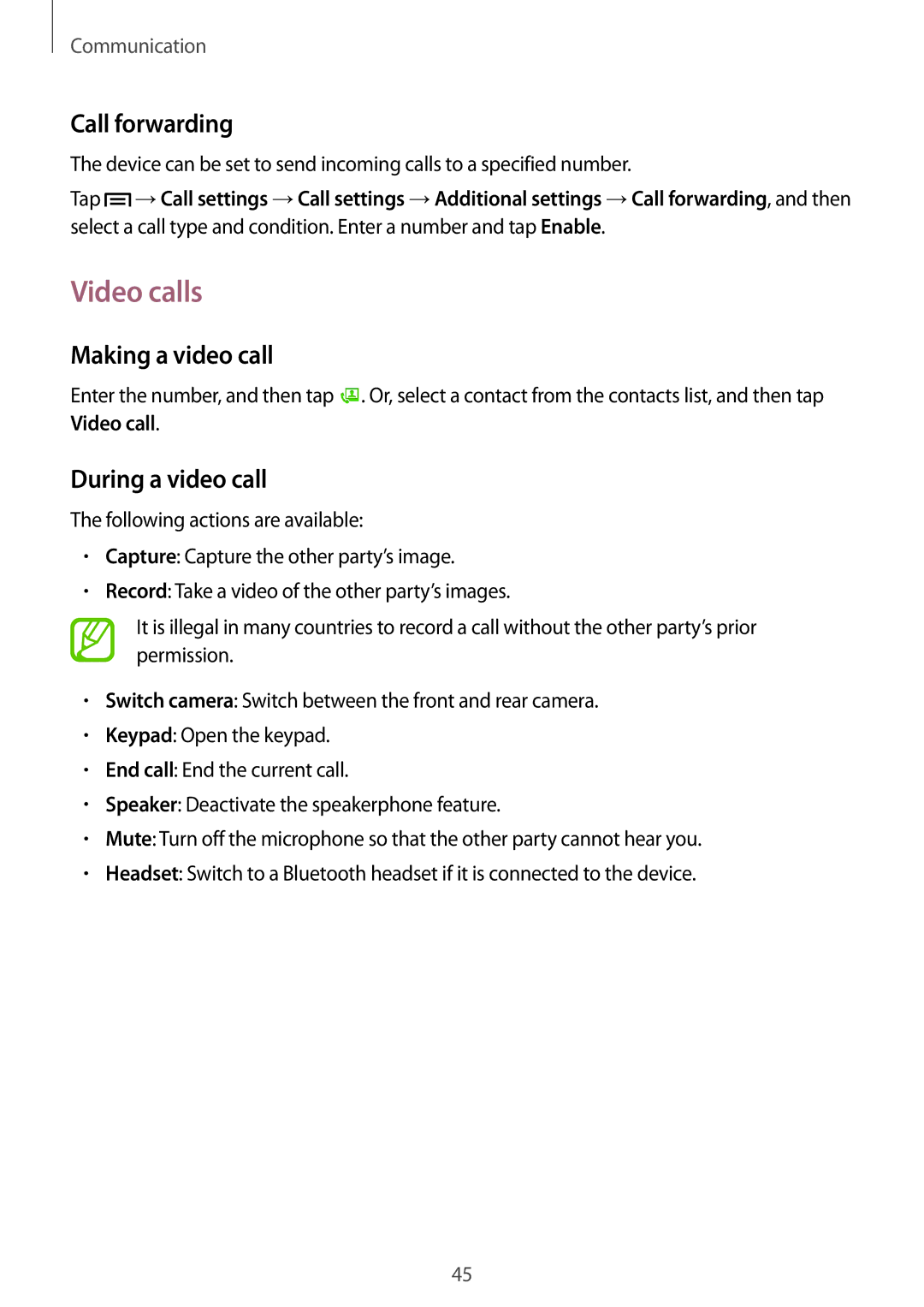 Samsung SM-T2110GNAMGF, SM-T2110MKATPL manual Video calls, Call forwarding, Making a video call, During a video call 