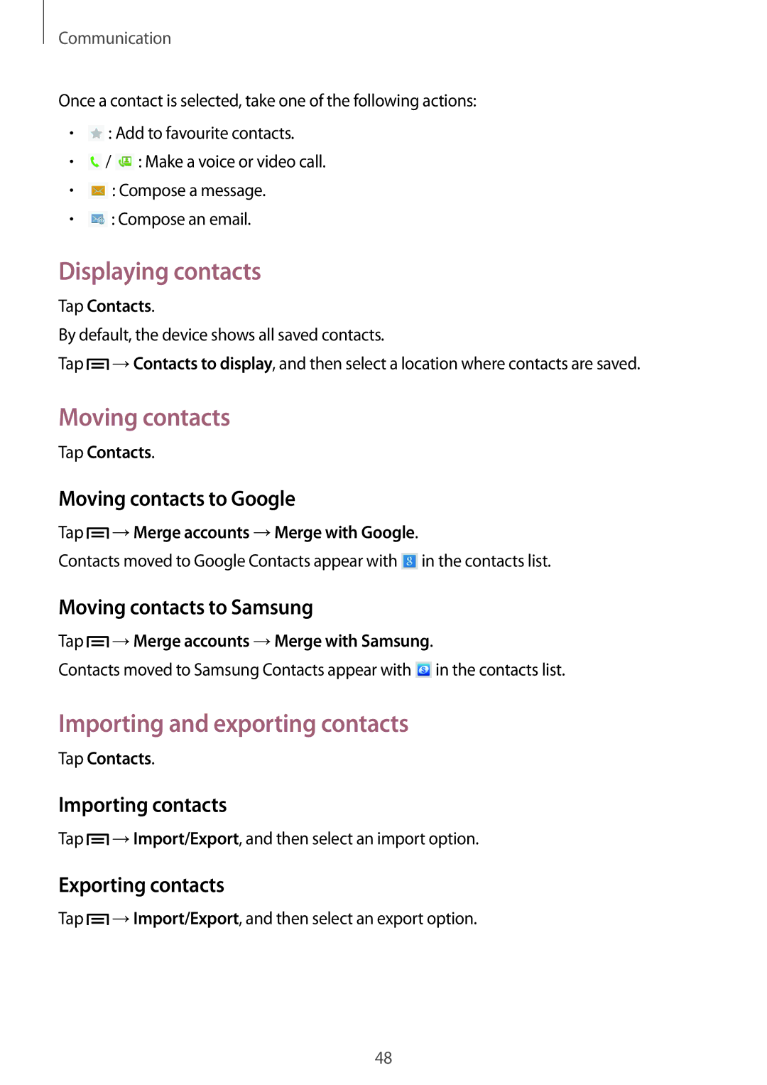 Samsung SM-T2110MKATPL, SM-T2110MKAATO manual Displaying contacts, Moving contacts, Importing and exporting contacts 