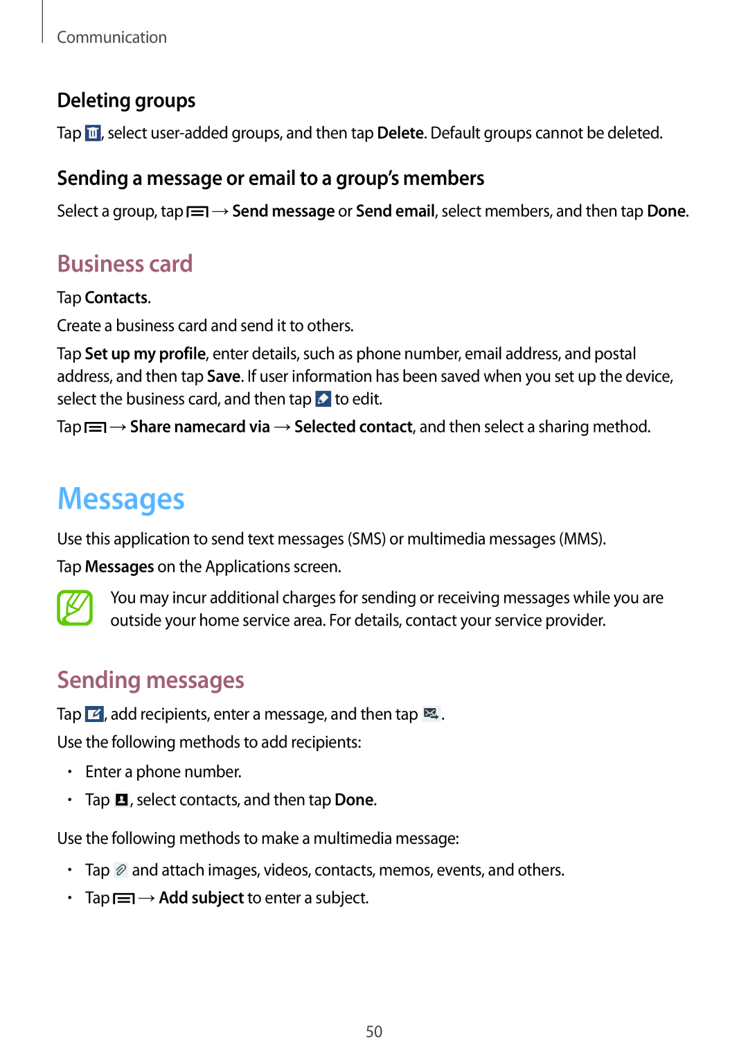 Samsung SM-T2110ZWADBT, SM-T2110MKATPL, SM-T2110MKAATO manual Messages, Business card, Sending messages, Deleting groups 