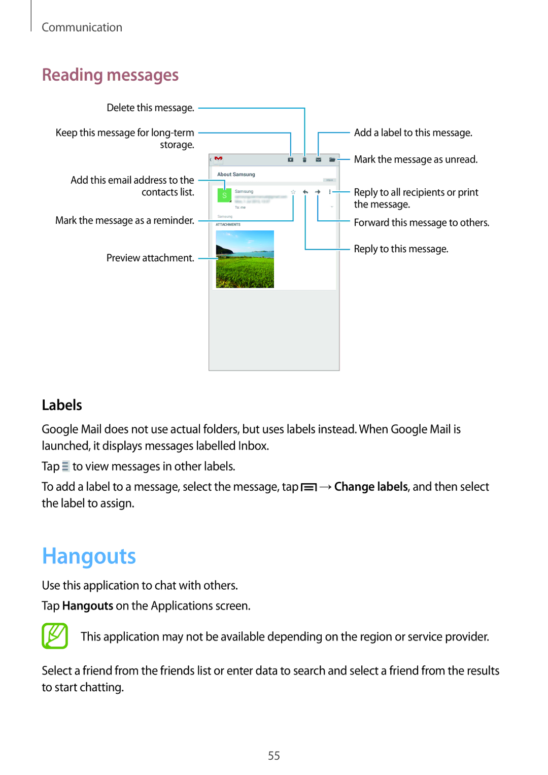 Samsung SM-T2110ZWAITV, SM-T2110MKATPL, SM-T2110MKAATO, SM-T2110ZWADBT, SM-T2110MKATMN, SM-T2110MKADBT manual Hangouts, Labels 