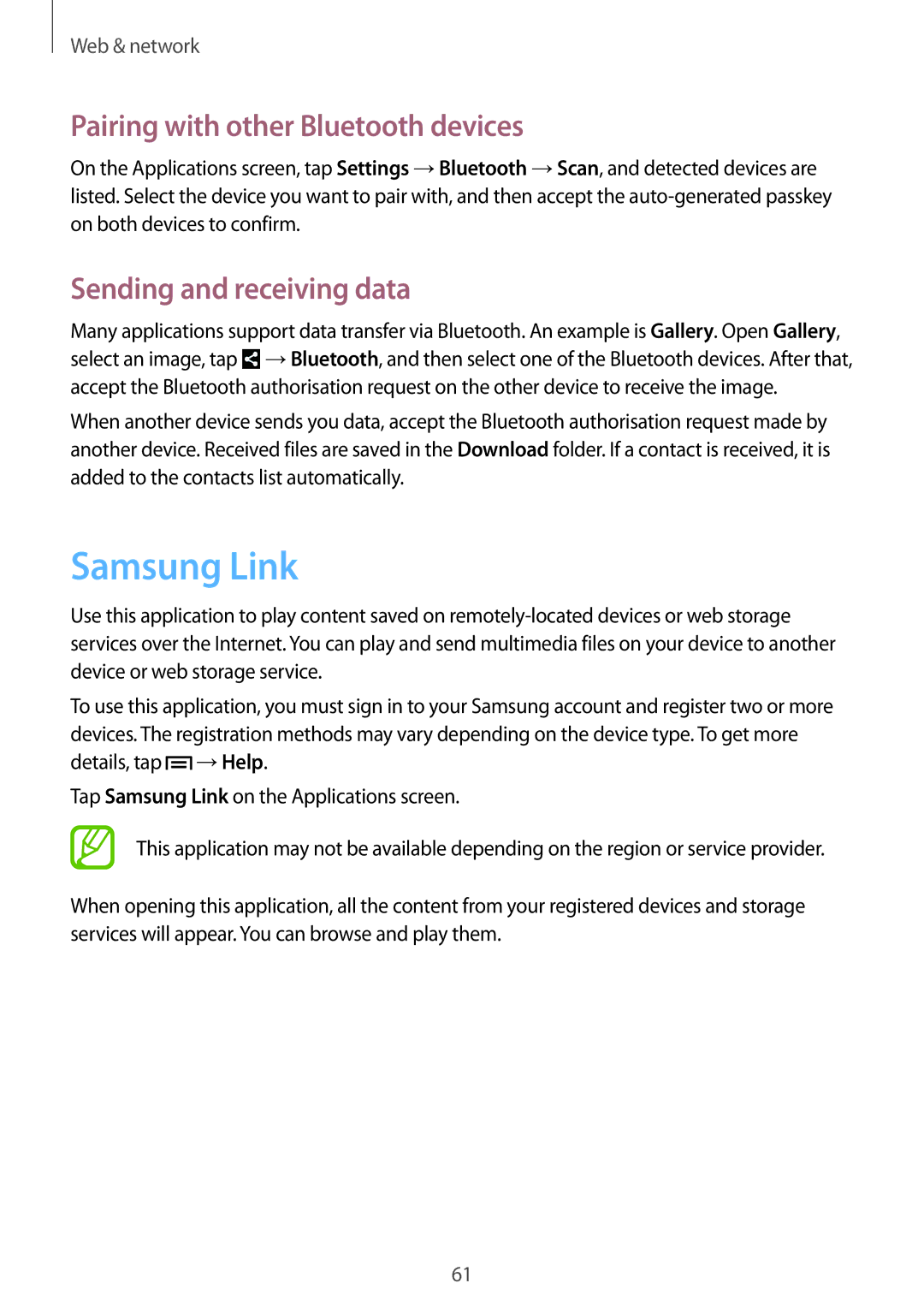 Samsung SM-T2110ZWAHUI, SM-T2110MKATPL manual Samsung Link, Pairing with other Bluetooth devices, Sending and receiving data 