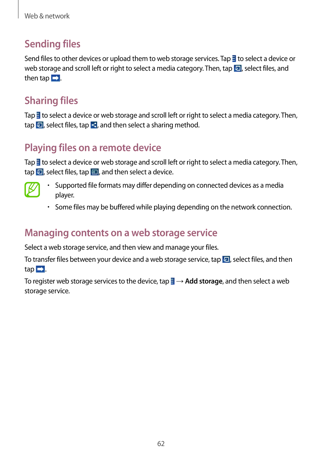 Samsung SM-T2110ZWAXEO, SM-T2110MKATPL, SM-T2110MKAATO manual Sending files, Sharing files, Playing files on a remote device 