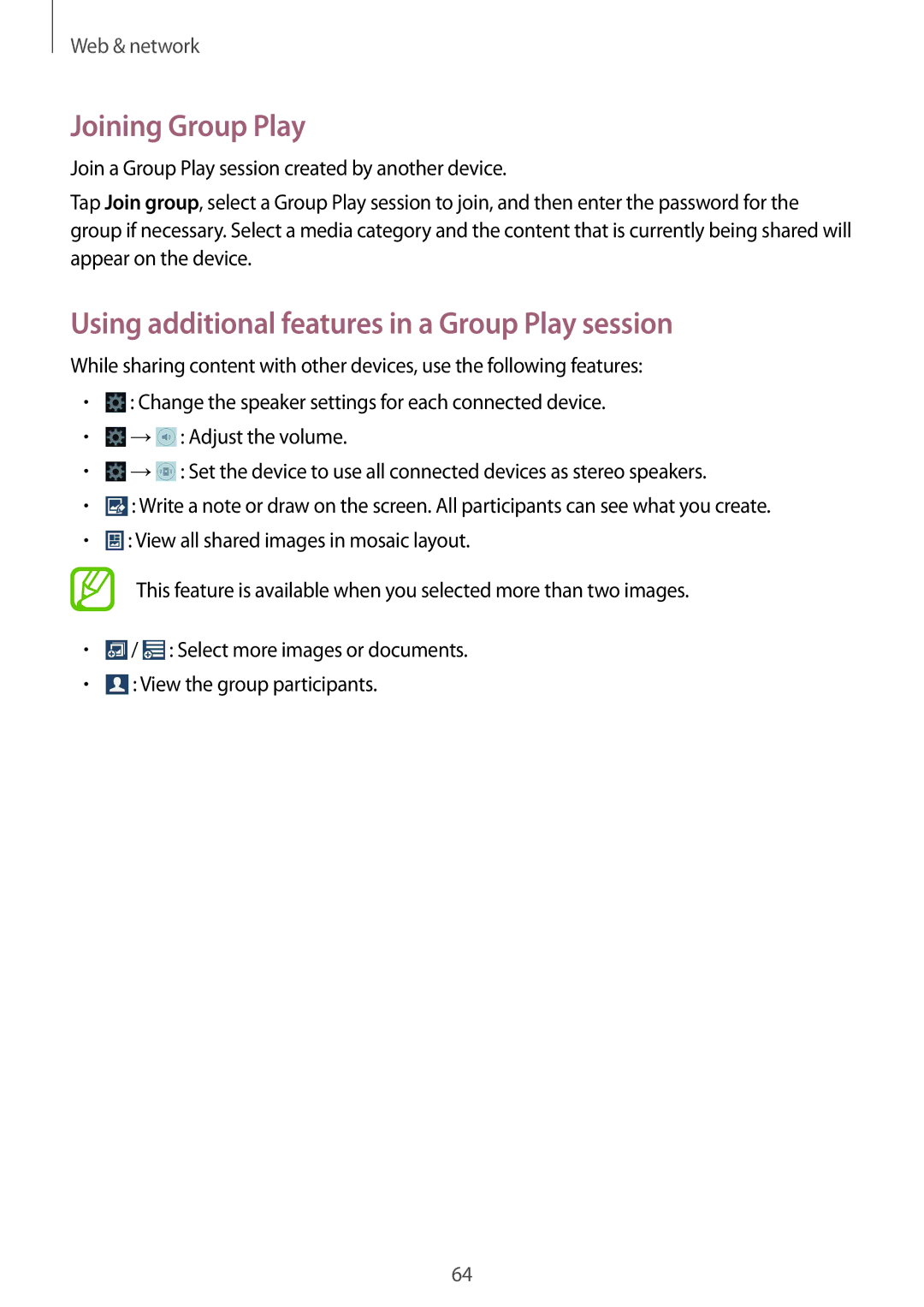 Samsung SM-T2110ZWAOMN, SM-T2110MKATPL manual Joining Group Play, Using additional features in a Group Play session 