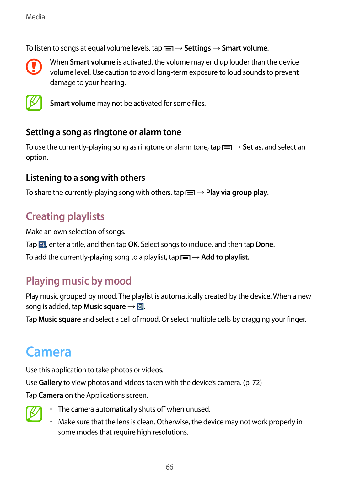 Samsung SM-T2110MKAPHE manual Camera, Creating playlists, Playing music by mood, Setting a song as ringtone or alarm tone 