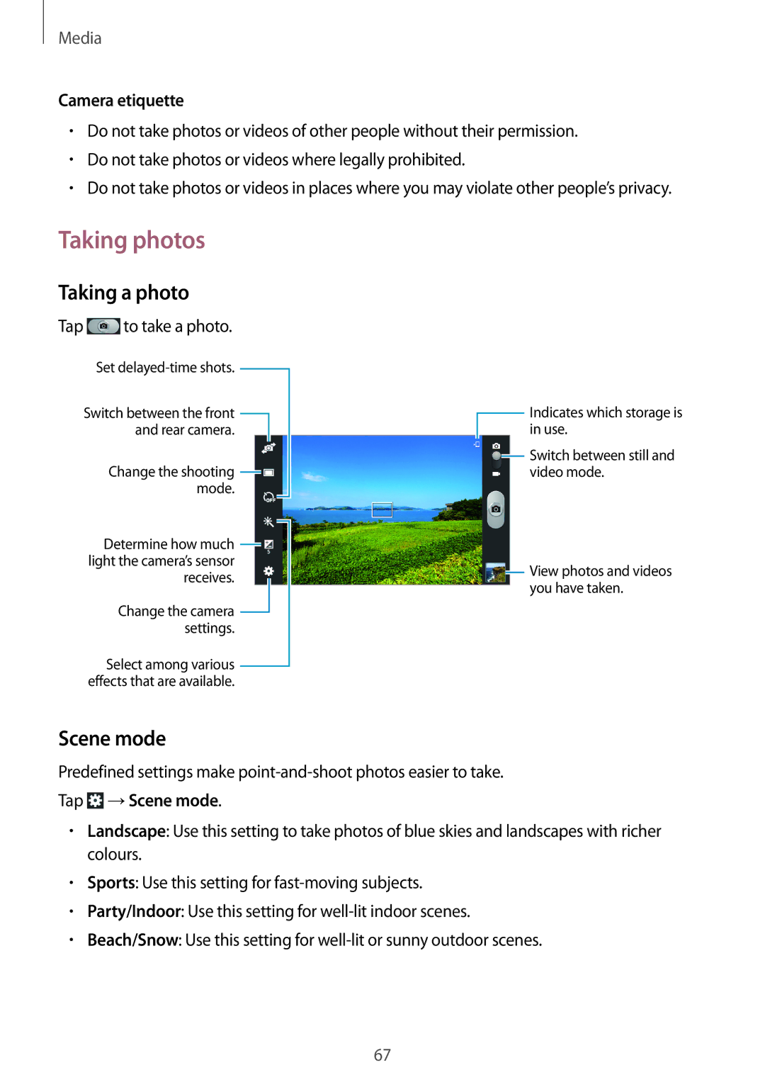 Samsung SM-T2110MKAXEO, SM-T2110MKATPL, SM-T2110MKAATO Taking photos, Taking a photo, Camera etiquette, Tap →Scene mode 