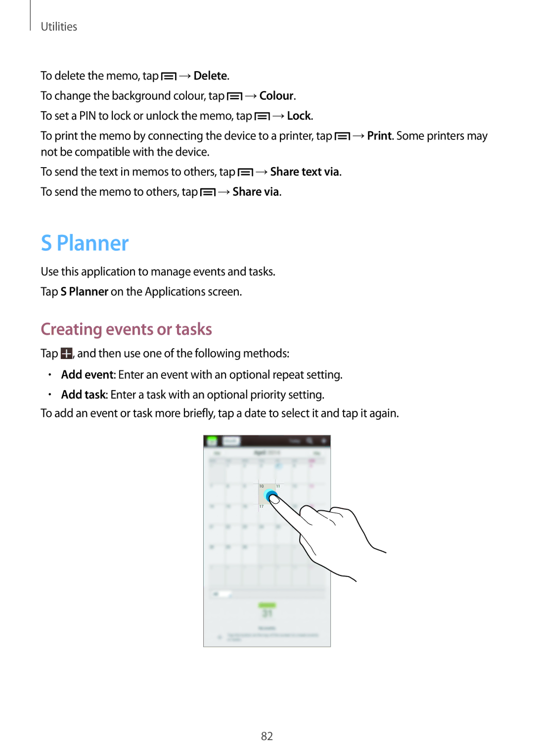 Samsung SM-T2110ZWASEB, SM-T2110MKATPL, SM-T2110MKAATO, SM-T2110ZWADBT, SM-T2110MKATMN manual Planner, Creating events or tasks 