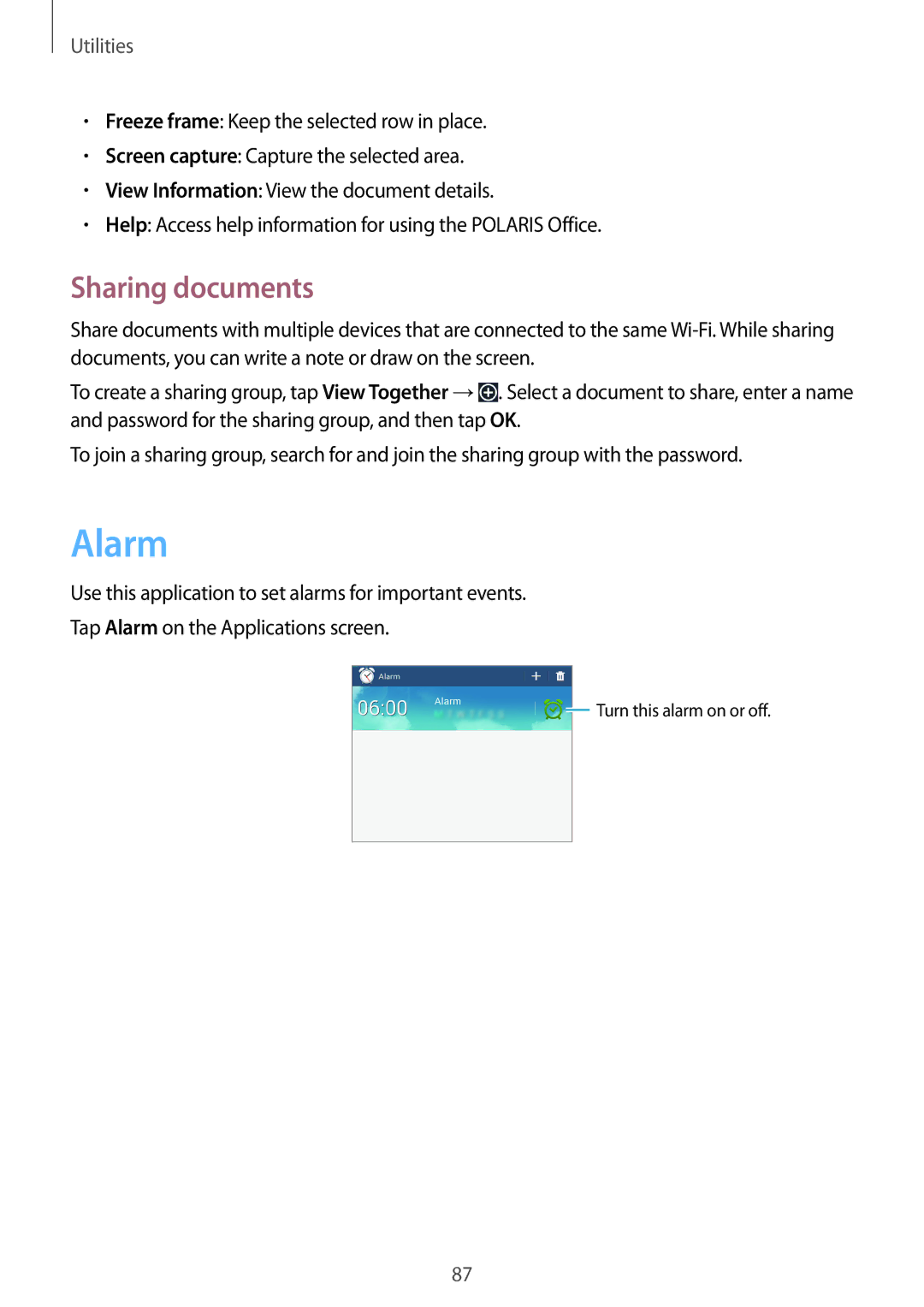 Samsung SM-T2110GNEMGF, SM-T2110MKATPL, SM-T2110MKAATO, SM-T2110ZWADBT, SM-T2110MKATMN manual Alarm, Sharing documents 