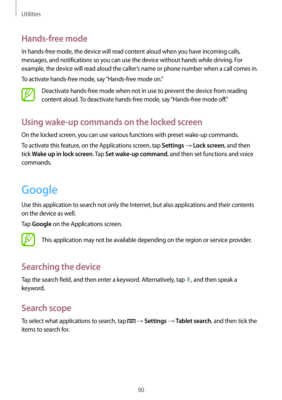 Samsung SM-T2110GRASER manual Google, Hands-free mode, Using wake-up commands on the locked screen, Searching the device 