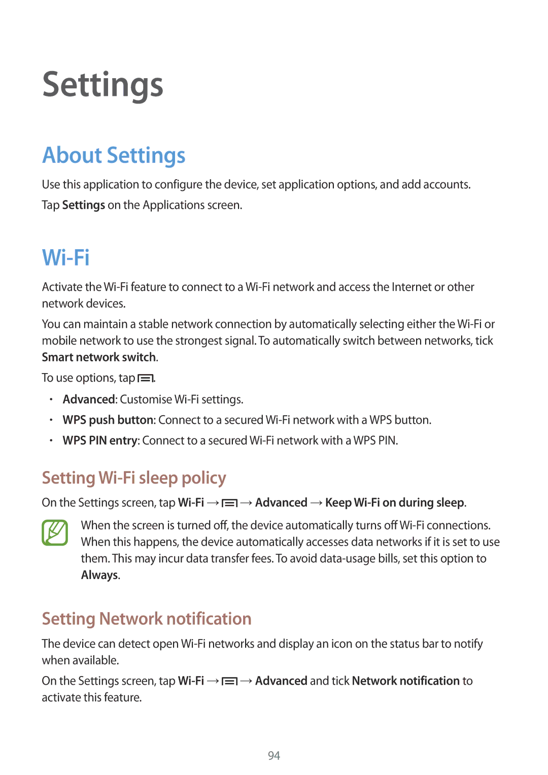 Samsung SM-T2110ZWASER, SM-T2110MKATPL About Settings, Setting Wi-Fi sleep policy, Setting Network notification 