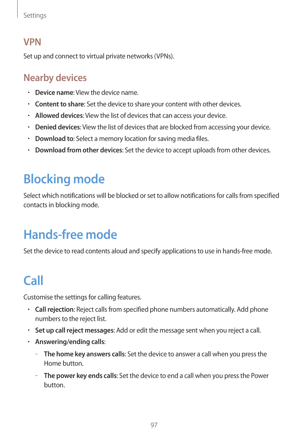 Samsung SM-T2110MKAATO, SM-T2110MKATPL manual Blocking mode, Hands-free mode, Call, Nearby devices, Answering/ending calls 