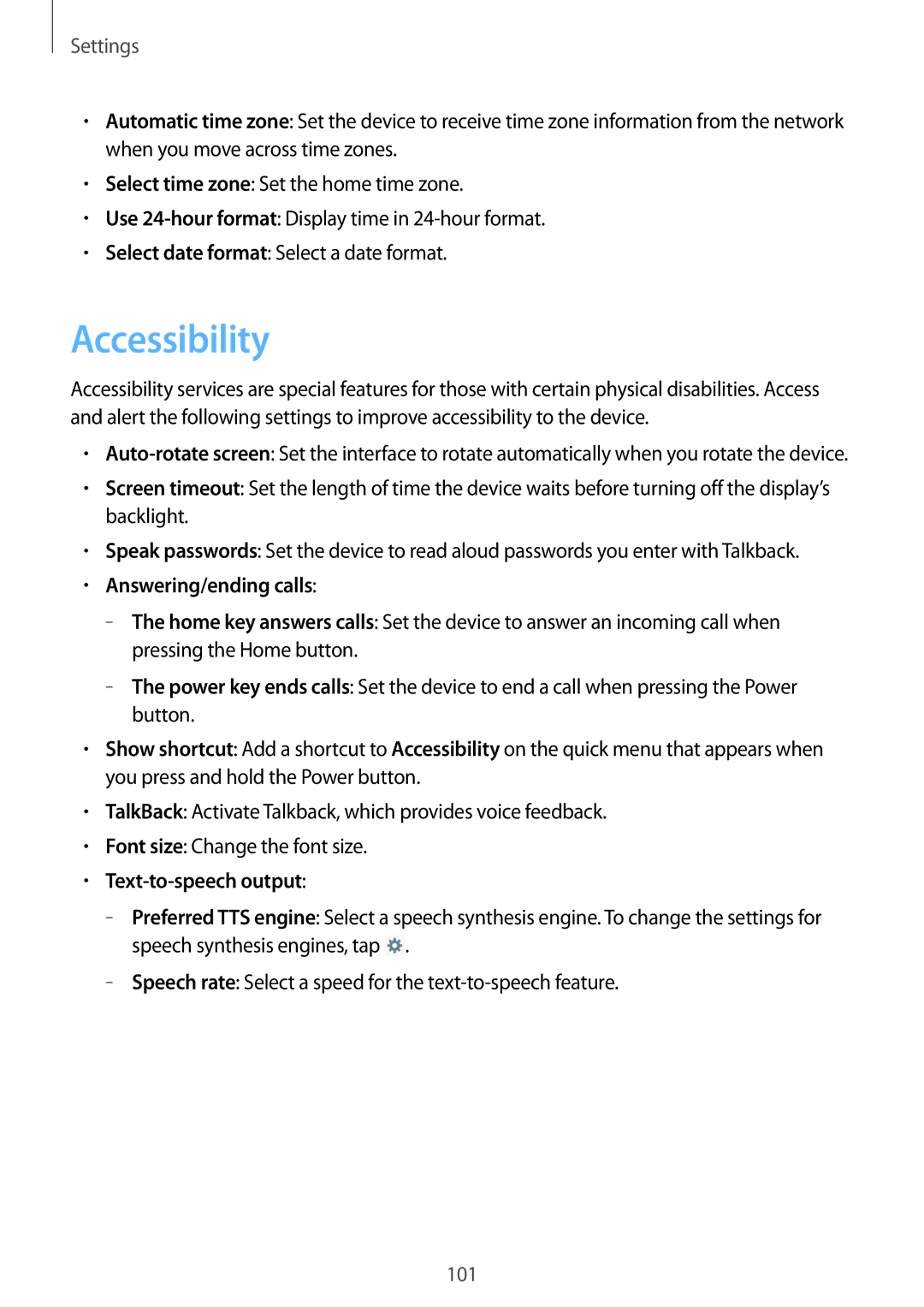 Samsung SM-T2110ZWEKSA, SM-T2110MKATPL, SM-T2110MKAATO manual Accessibility, Answering/ending calls, Text-to-speech output 