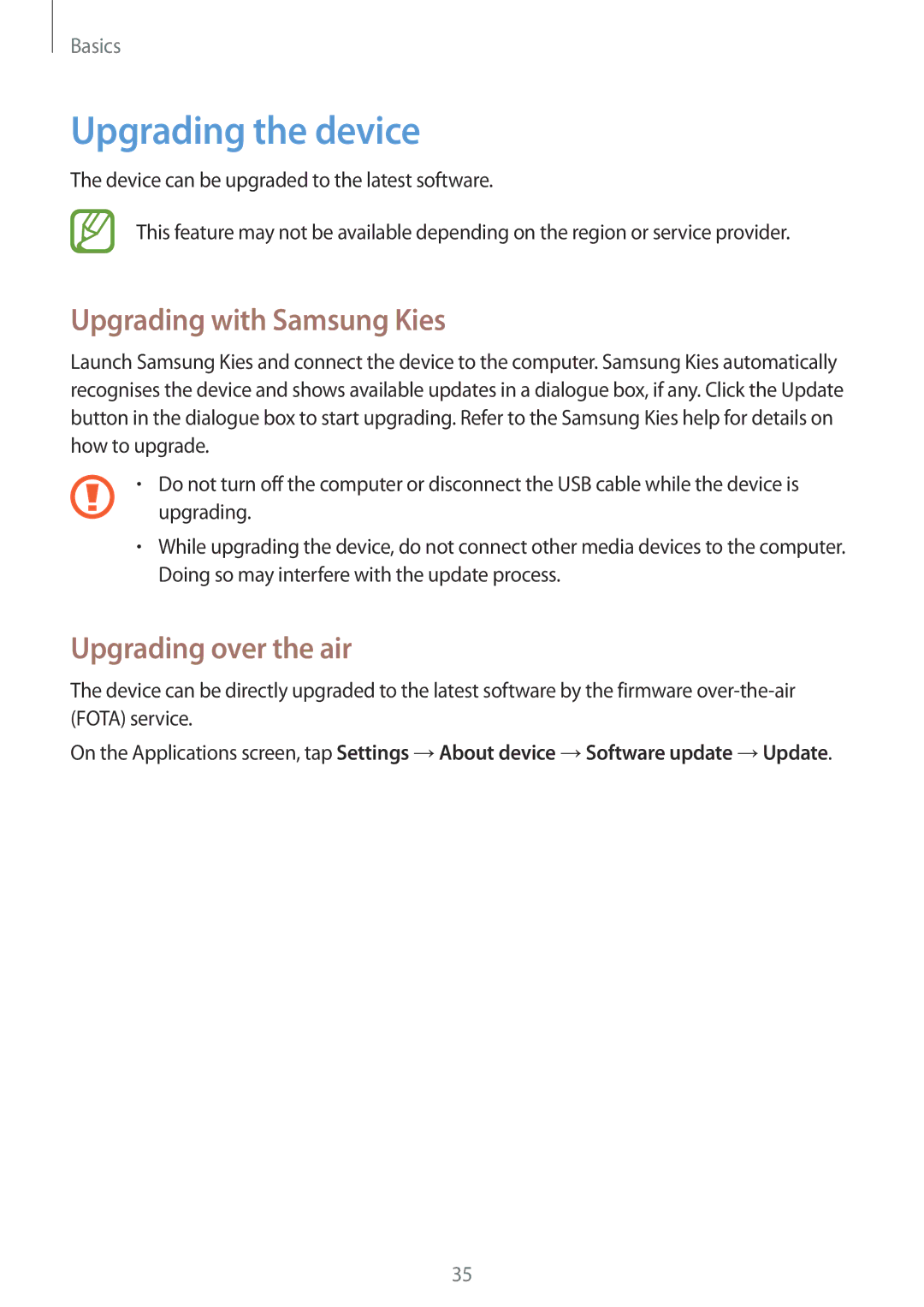 Samsung SM-T2110ZWAWTL, SM-T2110MKATPL manual Upgrading the device, Upgrading with Samsung Kies, Upgrading over the air 