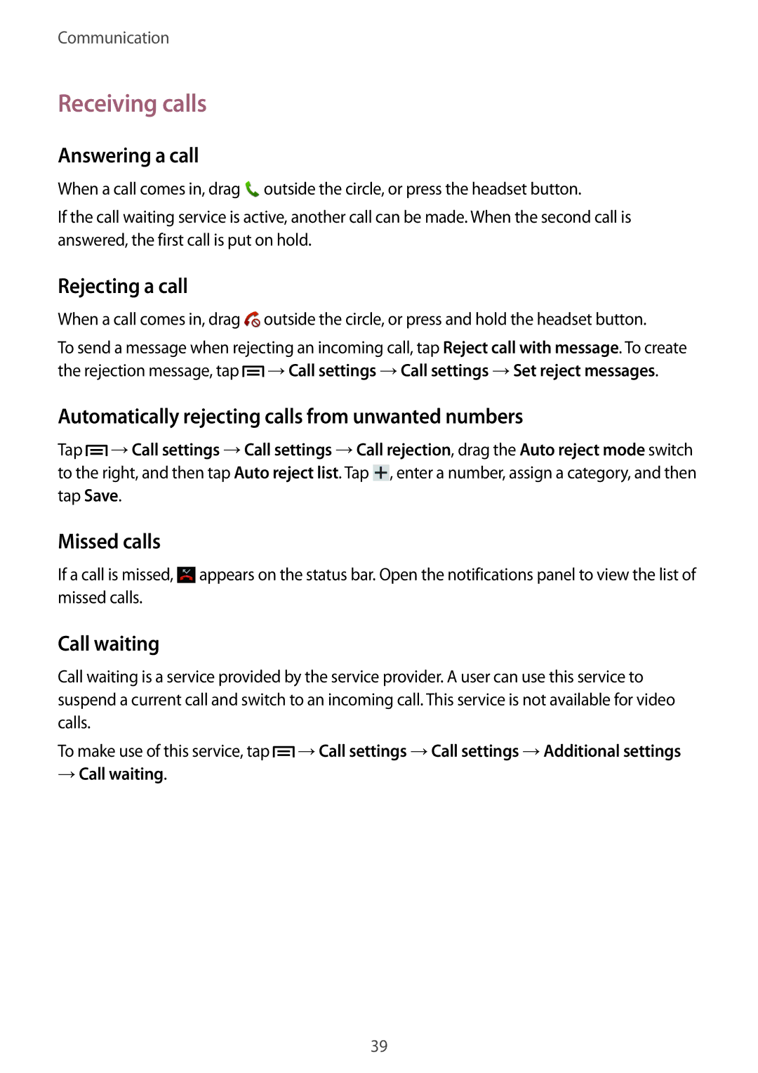 Samsung SM-T2110MKABGL, SM-T2110MKATPL, SM-T2110MKAATO, SM-T2110ZWADBT, SM-T2110MKATMN, SM-T2110MKADBT manual Receiving calls 