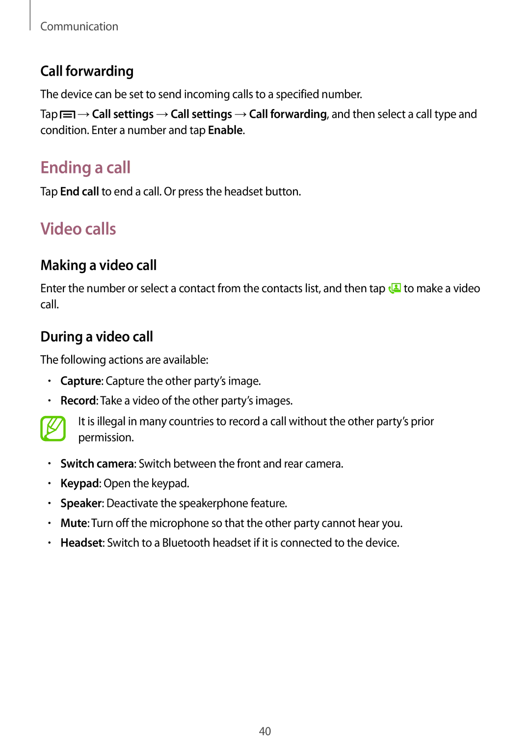 Samsung SM-T2110ZWABGL manual Ending a call, Video calls, Call forwarding, Making a video call, During a video call 