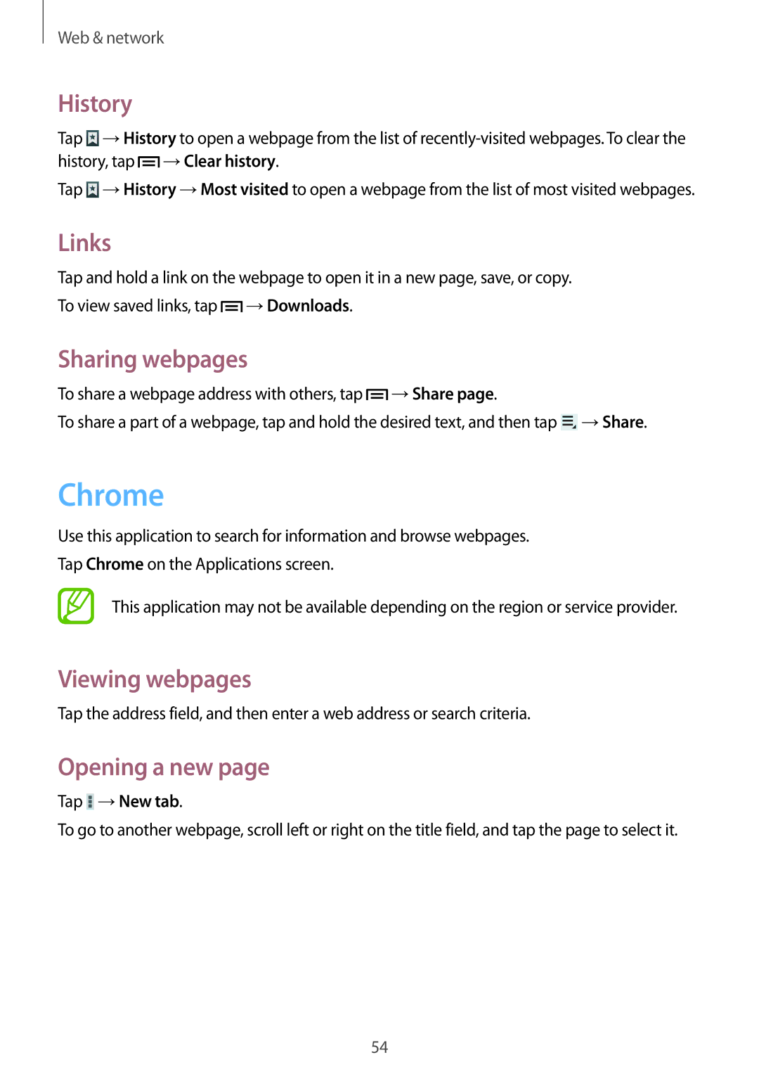 Samsung SM-T2110GNAORX, SM-T2110MKATPL, SM-T2110MKAATO manual Chrome, History, Links, Sharing webpages, Tap →New tab 