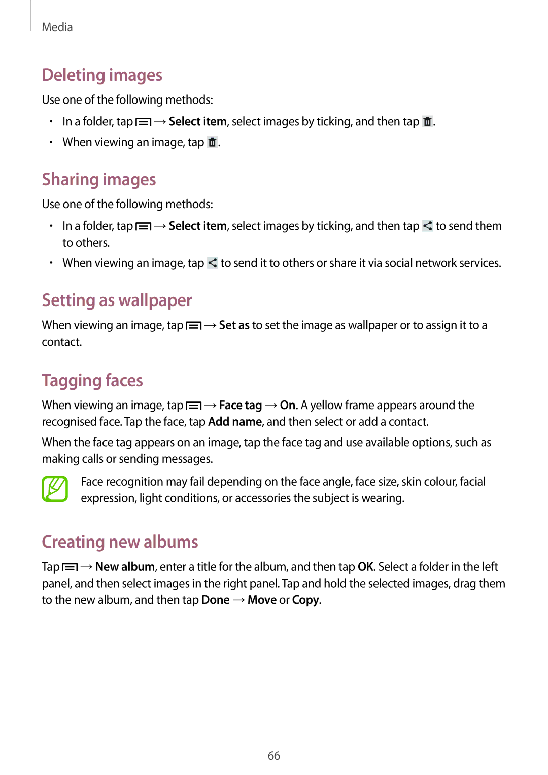 Samsung SM-T2110MKACOA manual Deleting images, Sharing images, Setting as wallpaper, Tagging faces, Creating new albums 