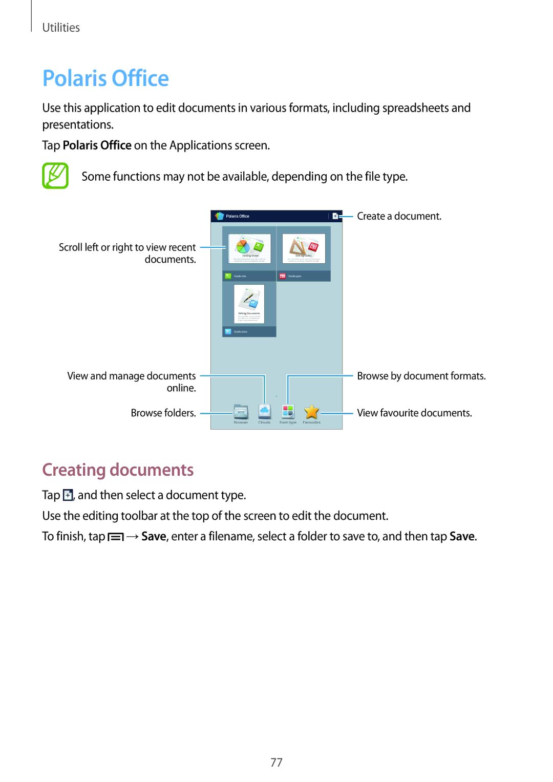 Samsung SM-T2110ZWEMGF, SM-T2110MKATPL, SM-T2110MKAATO, SM-T2110ZWADBT, SM-T2110MKATMN Polaris Office, Creating documents 