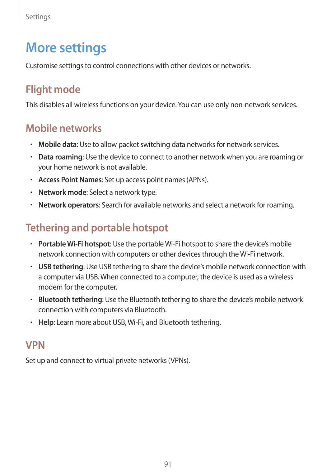 Samsung SM-T2110ZWAHUI, SM-T2110MKATPL manual More settings, Flight mode, Mobile networks, Tethering and portable hotspot 