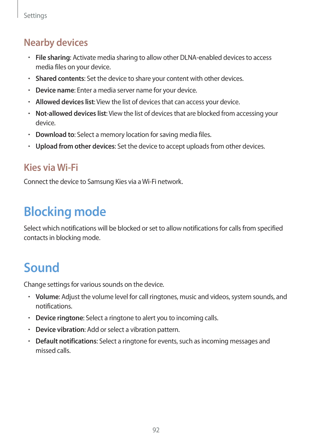 Samsung SM-T2110ZWAXEO, SM-T2110MKATPL, SM-T2110MKAATO, SM-T2110ZWADBT Blocking mode, Sound, Nearby devices, Kies via Wi-Fi 