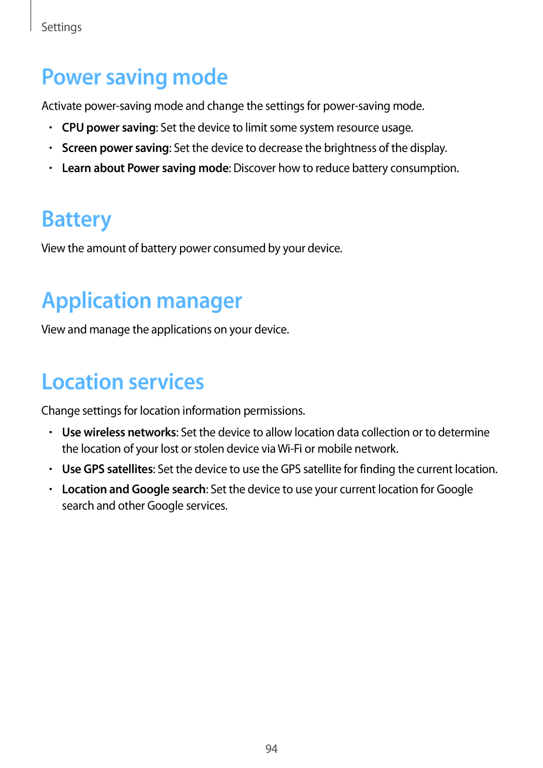 Samsung SM-T2110ZWAOMN, SM-T2110MKATPL, SM-T2110MKAATO Power saving mode, Battery, Application manager, Location services 