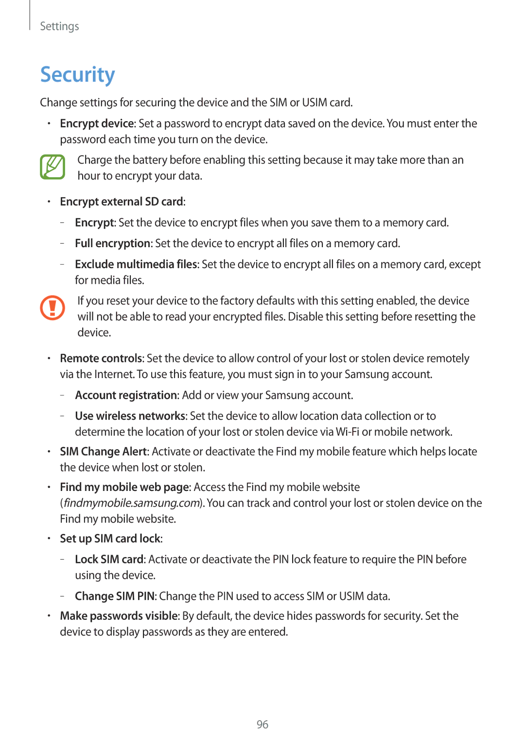 Samsung SM-T2110MKAPHE, SM-T2110MKATPL, SM-T2110MKAATO manual Security, Encrypt external SD card, Set up SIM card lock 
