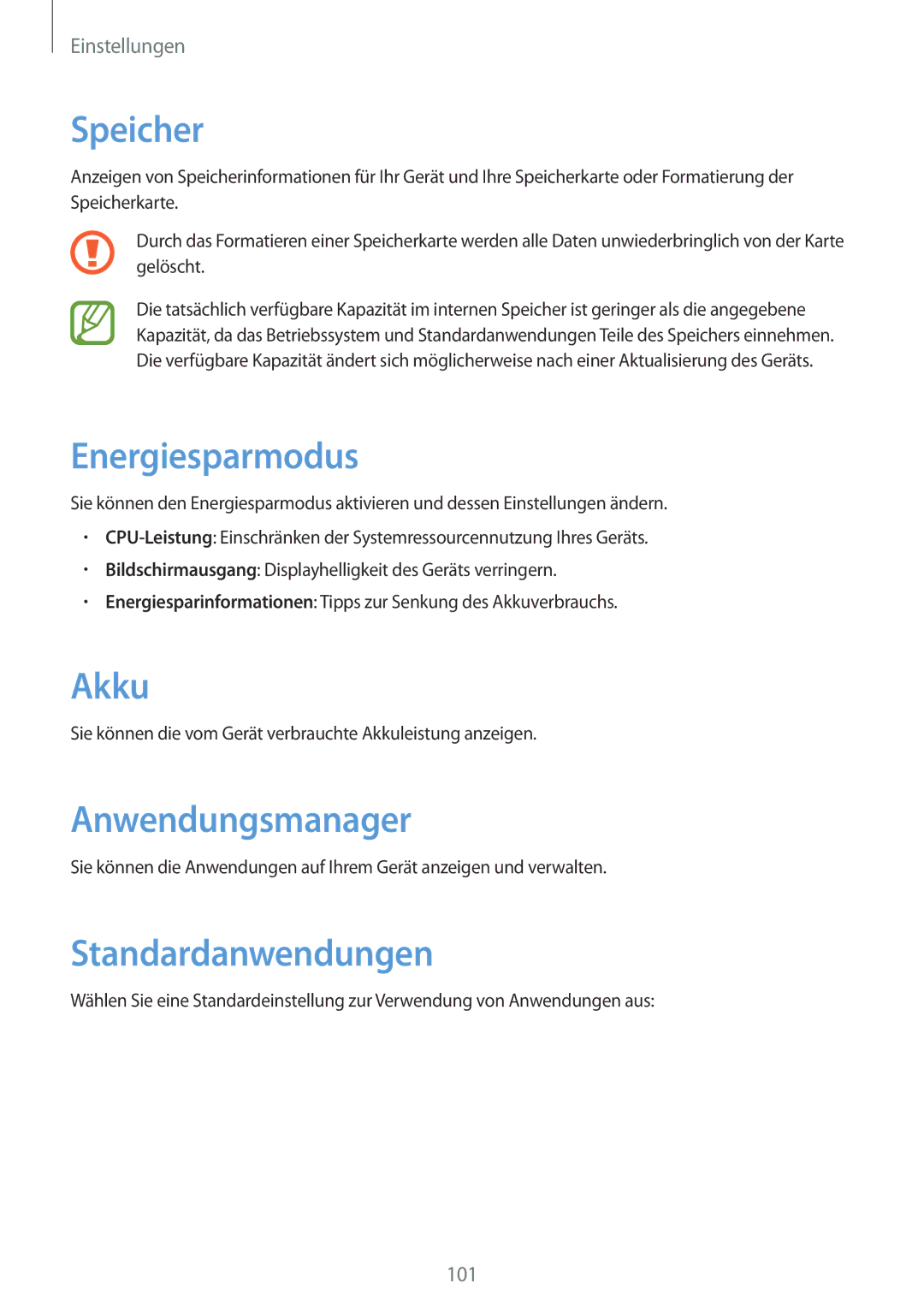 Samsung SM-T2110MKAATO, SM-T2110MKATPL manual Speicher, Energiesparmodus, Akku, Anwendungsmanager, Standardanwendungen 