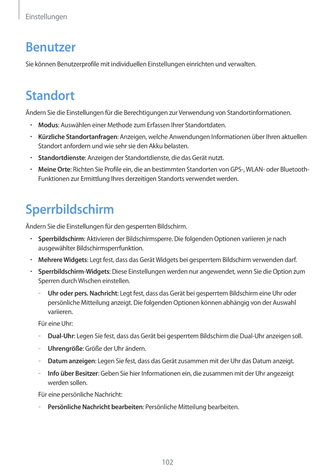 Samsung SM-T2110ZWADBT, SM-T2110MKATPL, SM-T2110MKAATO, SM-T2110MKATMN, SM-T2110MKADBT, SM-T2110ZWAATO manual Benutzer, Standort 